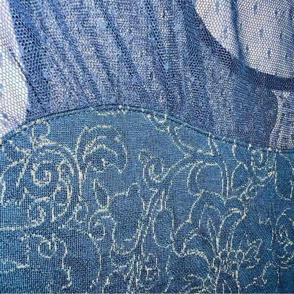 Free People Mini Dress in Blue w/Gold Metallic Floral Pattern Net @Neckline-Sz M - Picture 7 of 12